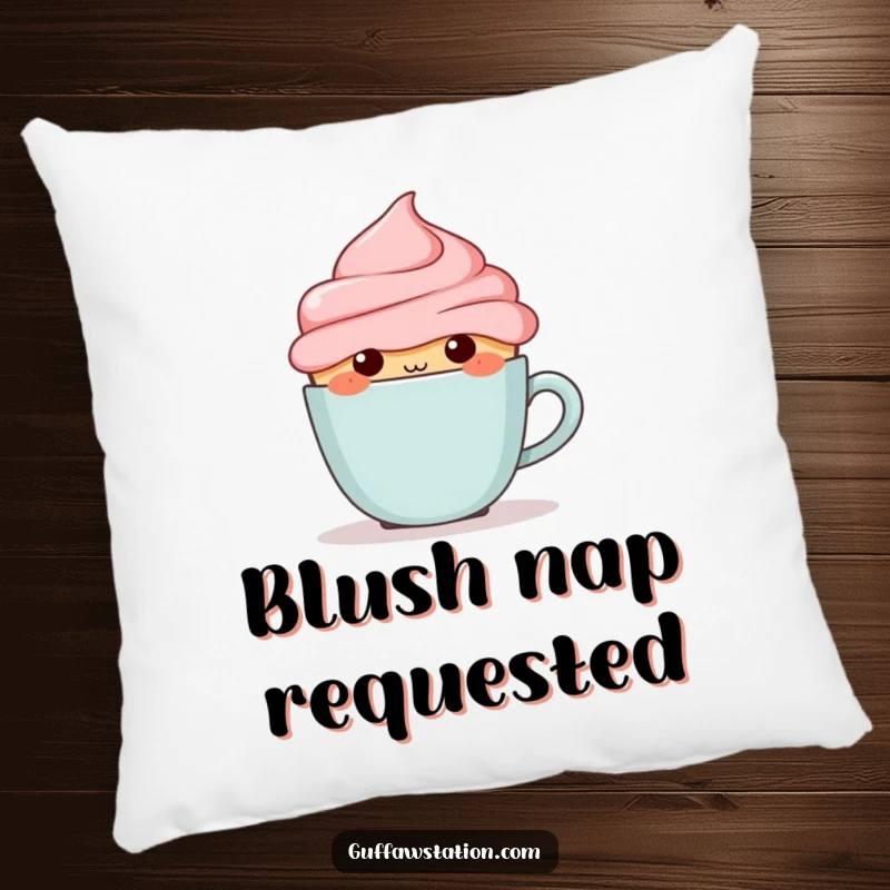 Funny blushing cupcake hiding behind a tiny coffee cup, designed for a soft and humorous throw pillow.