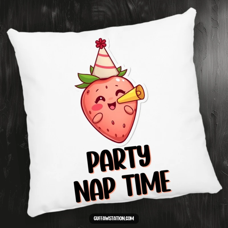 Funny cheerful strawberry wearing a party hat, blowing a horn, designed for a soft and festive throw pillow.