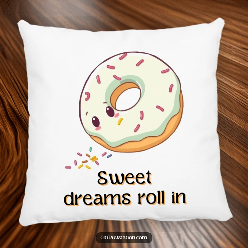 Funny clumsy donut character rolling downhill, leaving sprinkles, on a soft decorative pillow.