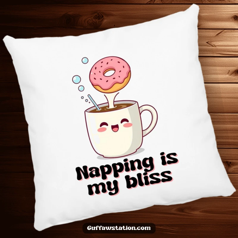 Funny pillow featuring a coffee mug enthusiastically burping bubbles at a floating donut, soft and amusing.