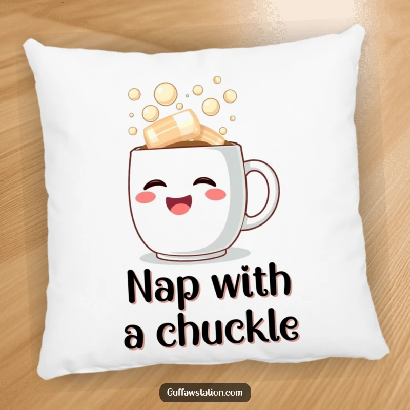 Funny pillow featuring a happy coffee cup overflowing with steaming, bubbly laughter, perfect for comfort and cheer.