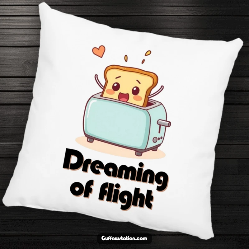 Funny pillow showing a startled piece of toast popping out of a toaster and soaring through the air, a comically surreal cushion.