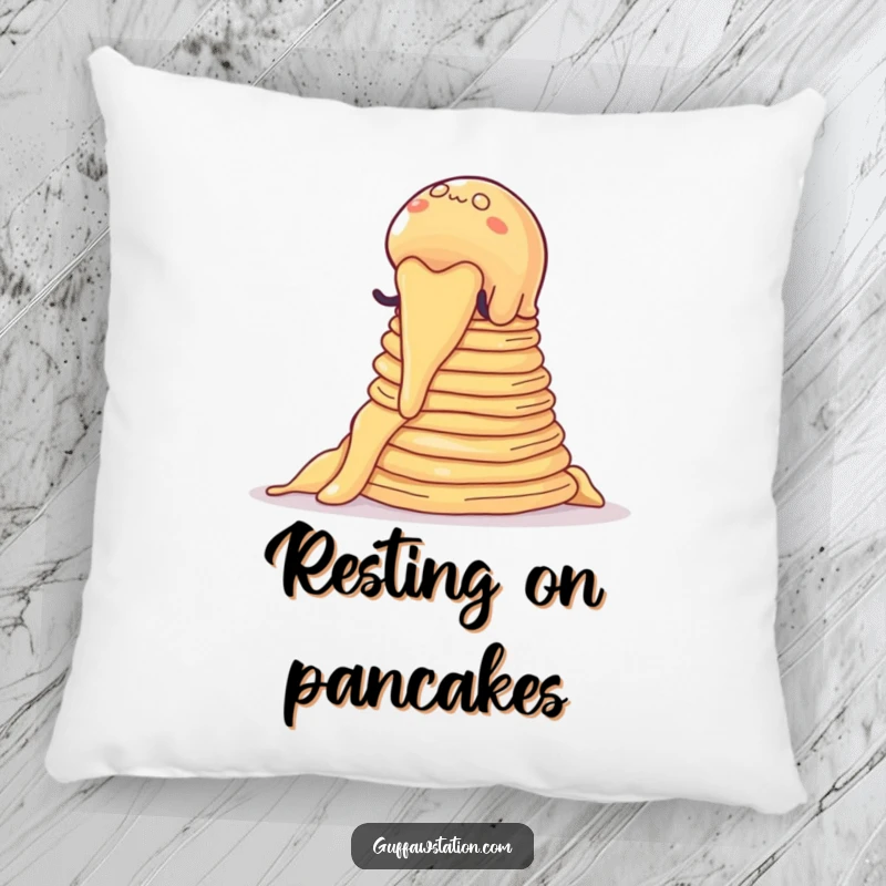 Funny pillow featuring a soft, wobbly jelly blob climbing pancakes, a cute and humorous cartoon for comfort.