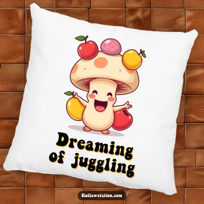 Funny pillow with a soft, happy mushroom juggling fruits, a cute and humorous cartoon for ultimate coziness.