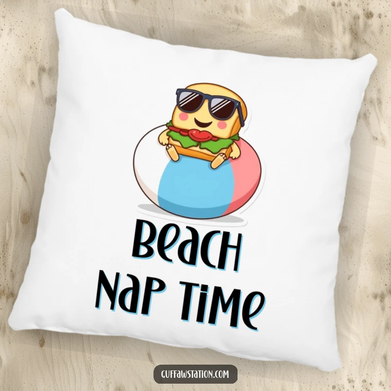 Funny pillow with a soft, smiling sandwich in sunglasses on a beach ball, a cute cartoon for relaxation.