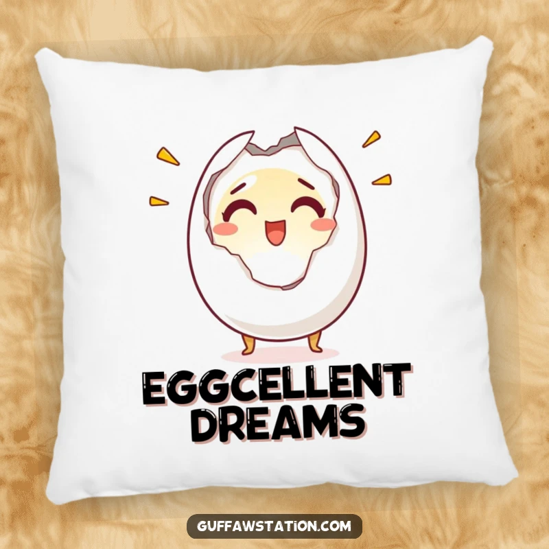 Funny pillow featuring a startled egg character cracking open with a shocked yet happy expression, offering comfort and humorous decor.