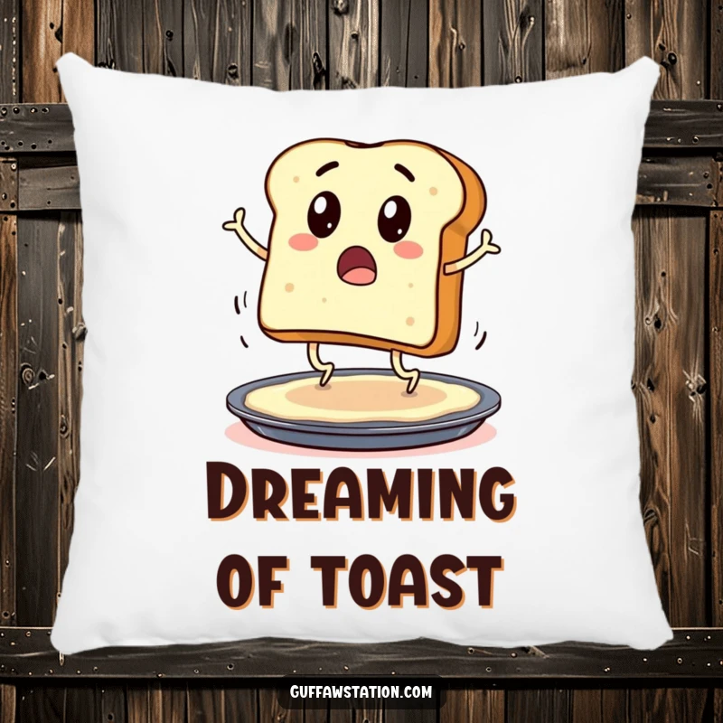 Funny pillow featuring a surprised toast character with legs hopping onto a buttered pan, offering comfort and humor.