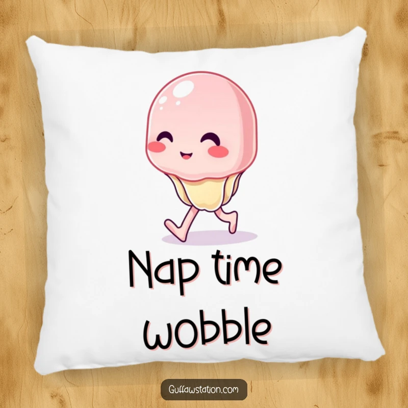 Funny pillow showcasing a wobbly jelly character with an uncontrollable, hilarious wobble, perfect for cozy, humorous decor.