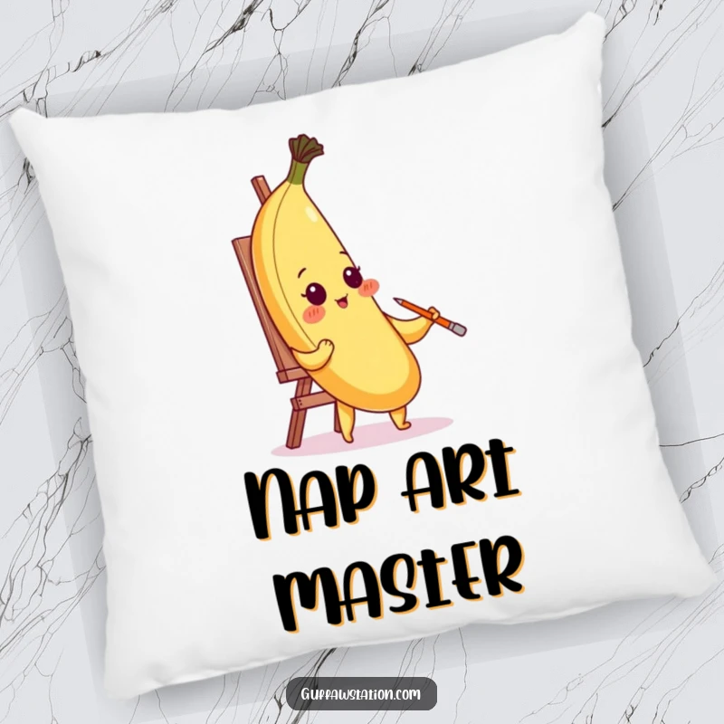 Funny and soft pillow featuring a blushing banana painting its portrait with its peel, adding artistic humor to any room.