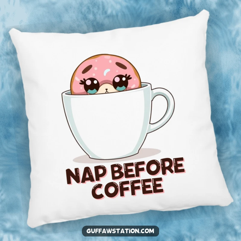 Funny donut pillow features a surprised donut peeking from behind a giant coffee cup, providing comfort and amusement.