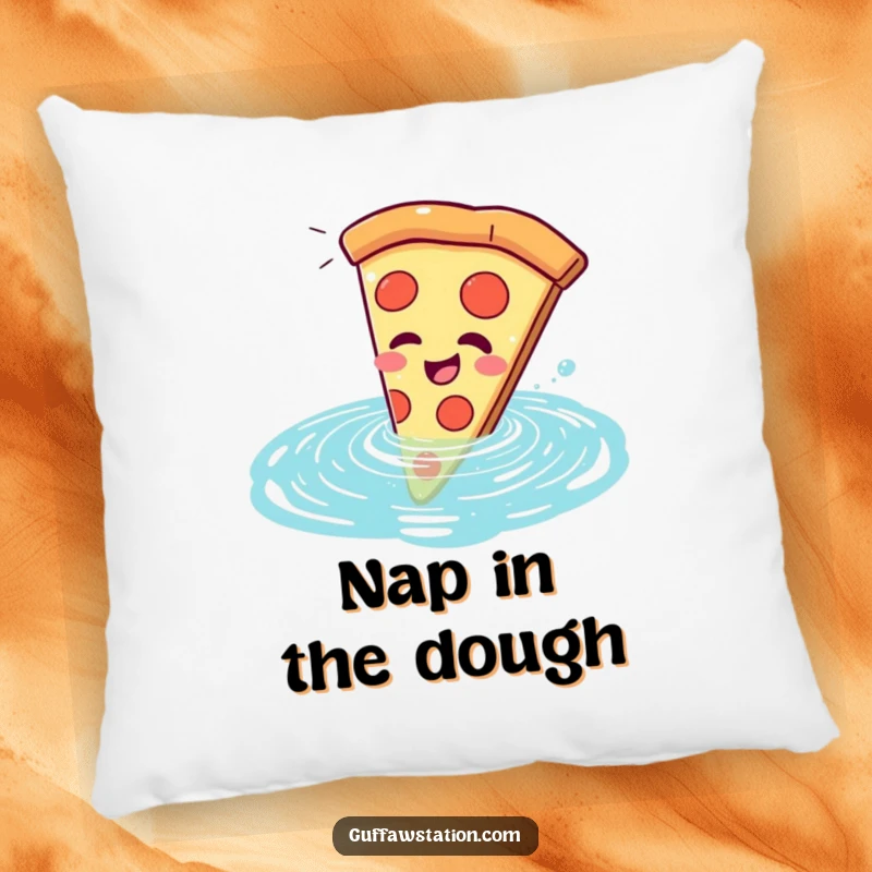 Funny pizza slice pillow, comically giggling as it plunges into a swimming pool, bringing comfort and cheer.