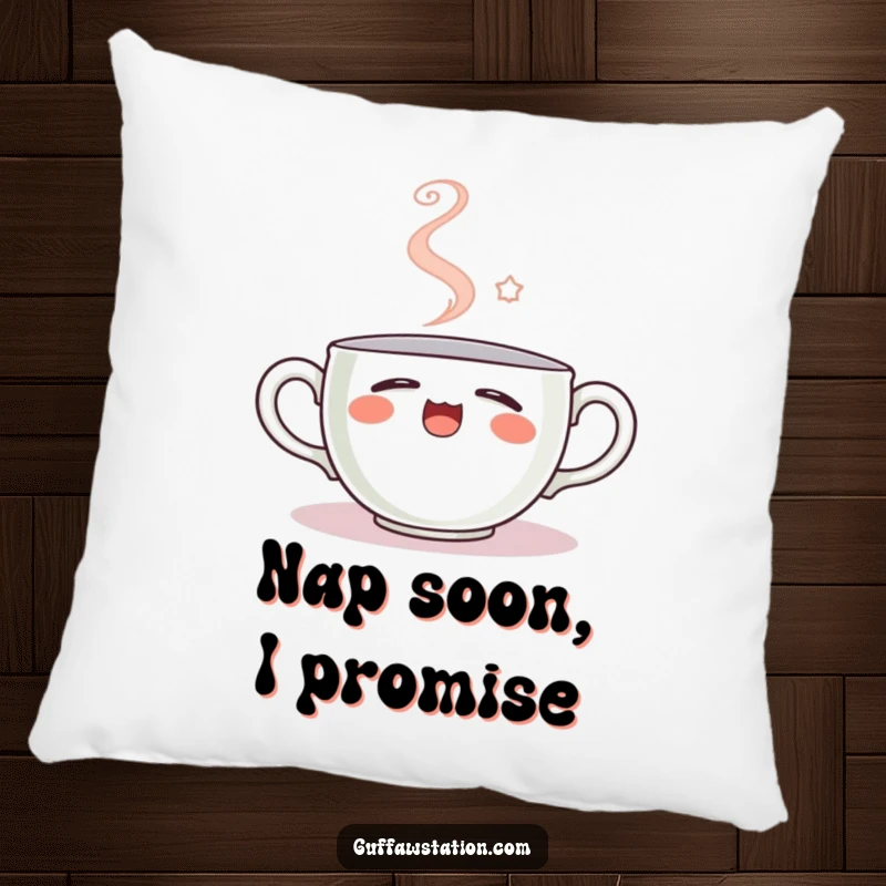 Funny pillow designed as a sleepy teacup yawning, steam creating a smiley face, offering comfort and humorous charm.