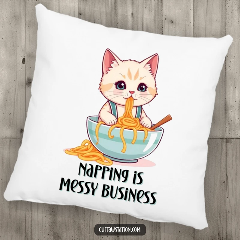 Funny pillow featuring a cat in tiny suspenders spilling a large bowl of spaghetti, offering comfort and a humorous accent.