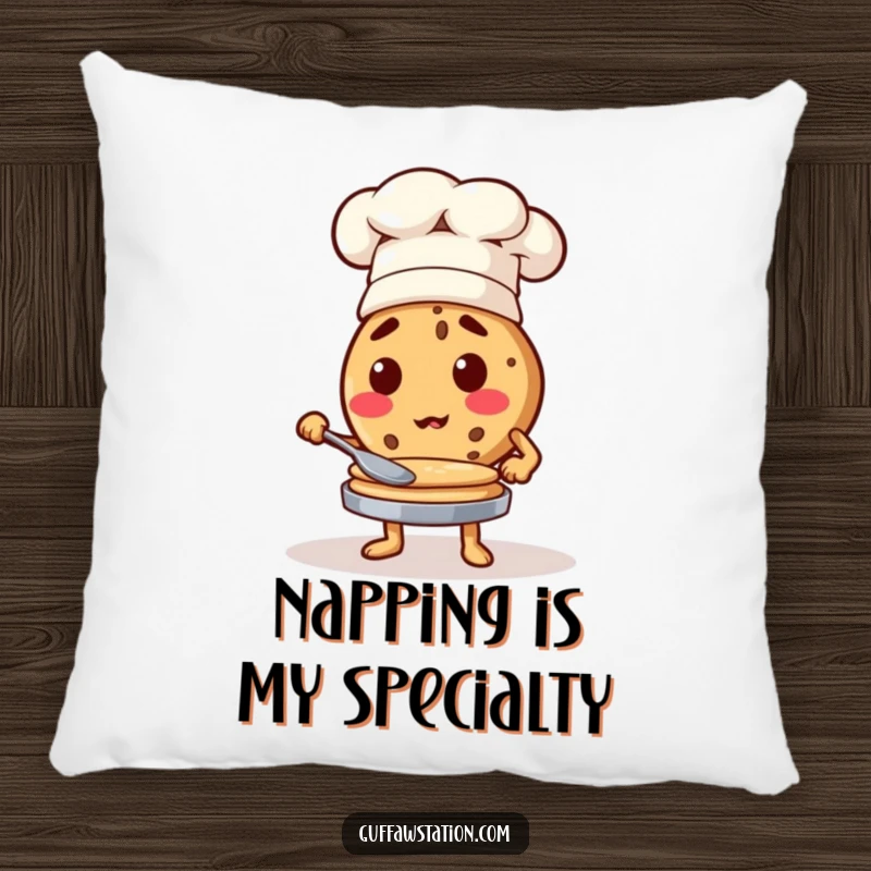 Funny cookie chef flipping pancakes, a soft and humorous decorative pillow for food lovers.