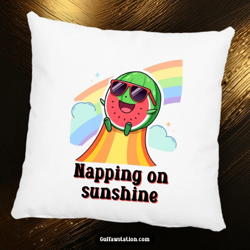Funny pillow depicting a happy watermelon with sunglasses sliding down a rainbow, bringing colorful and cool summer vibes to any room.