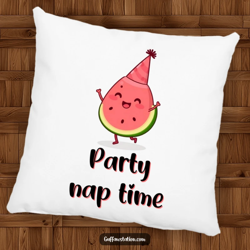 Funny watermelon pillow featuring a happy slice wearing a party hat and dancing, soft and festive home decor.