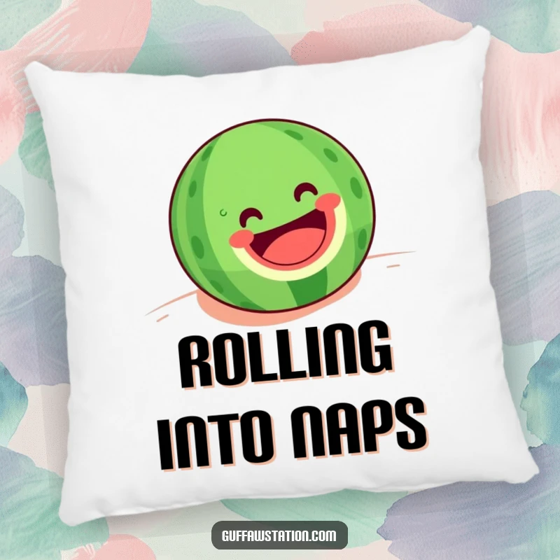 Funny pillow depicting a happy watermelon with a big grin rolling downhill, adding a touch of summer humor to any space.