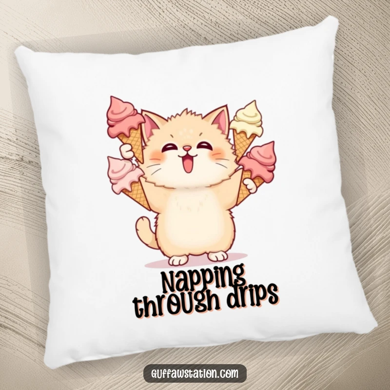Funny Cat Ice Cream Pillow depicts a surprised cat juggling melting ice cream cones, bringing sweet chaos and softness.