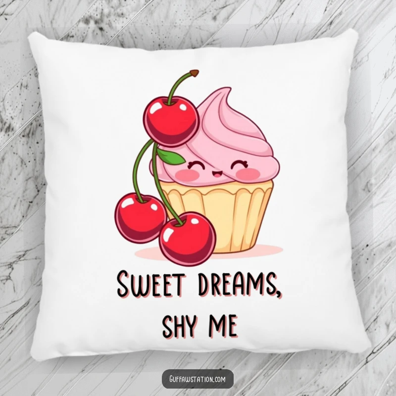 Funny pillow designed as a blushing cupcake trying to hide behind a giant cherry, offering comfort and sweet, humorous charm.