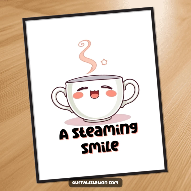 Funny digital art print of a sleepy teacup yawning, steam forming a smiley face, offering whimsical and humorous decor for easy wall art.