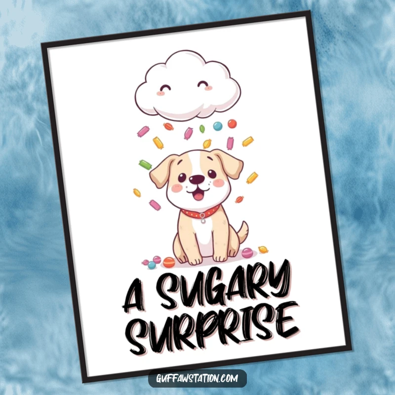Funny digital art print of a shy cloud raining colorful candy down on a surprised dog, ready to print.