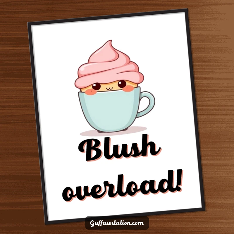 Funny blushing cupcake hiding behind a small coffee cup, available as a high-resolution digital art print.
