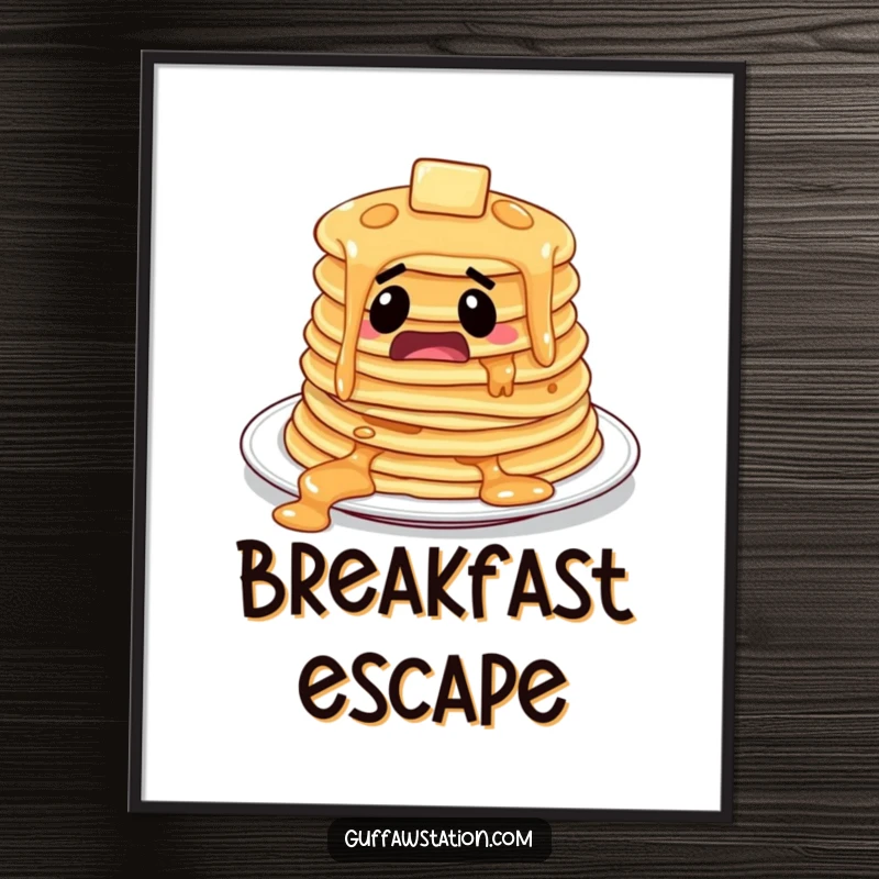 Funny startled pancakes character comically sliding off a plate, as humorous funny digital art.