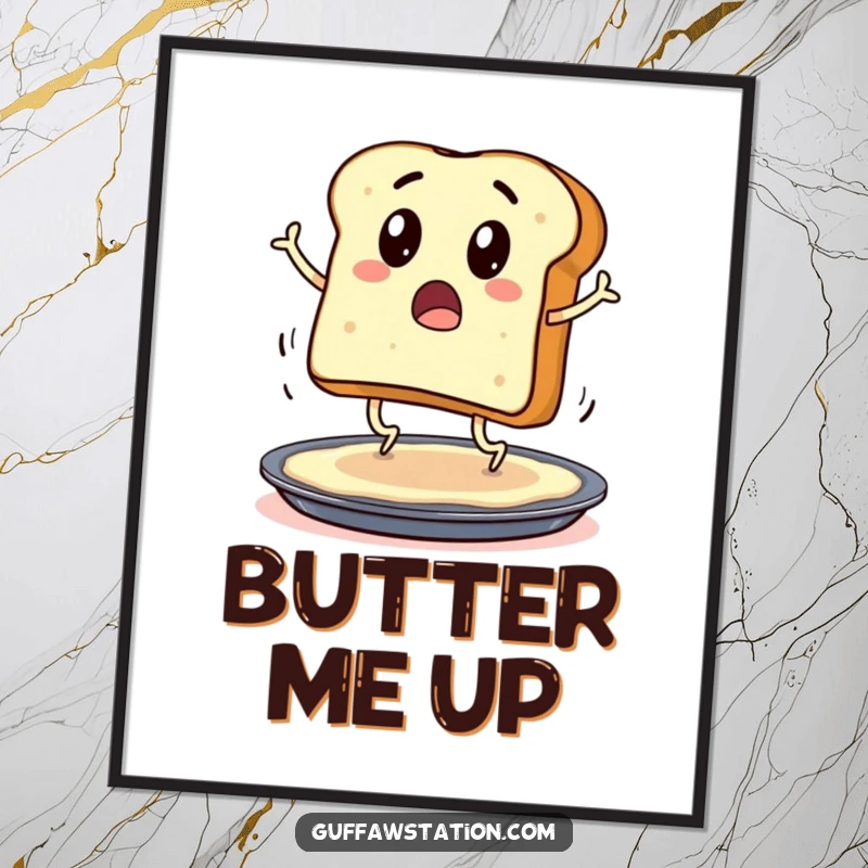 Funny digital art print of a surprised toast character with legs hopping onto a buttered pan, perfect for decor.