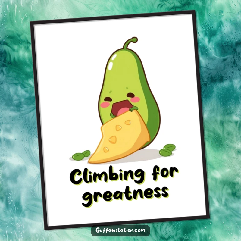 Funny digital art print of a determined avocado attempting to climb a giant tortilla chip, designed for amusing foodie wall decor.