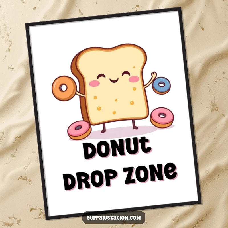 Funny digital art print of a cheerful slice of toast happily juggling small donuts, perfect for printing.