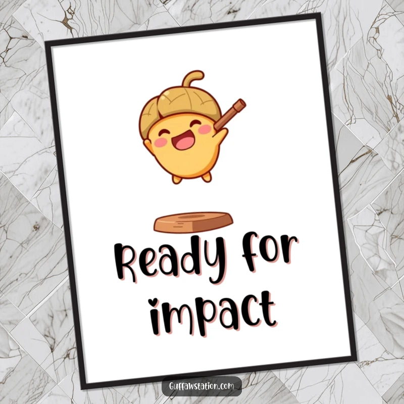 Funny digital art print of a determined acorn launching from a slingshot with glee, embodying pure, energetic momentum.