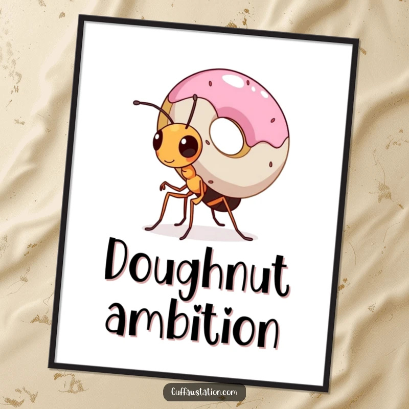 Funny digital art of a small, determined ant carrying a donut significantly larger than itself, a powerful image of effort.