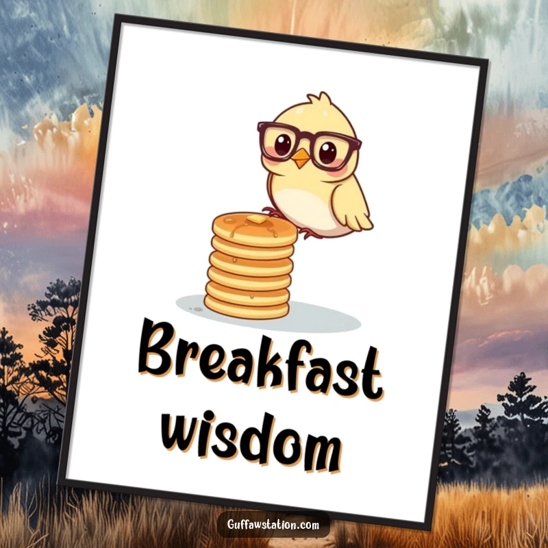 Funny bird with glasses balancing a tall stack of pancakes, available as a downloadable digital art print.
