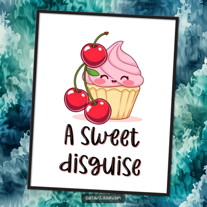 Funny digital art print of a shy, blushing cupcake hiding behind a cherry, offering whimsical and humorous decor for easy wall art.