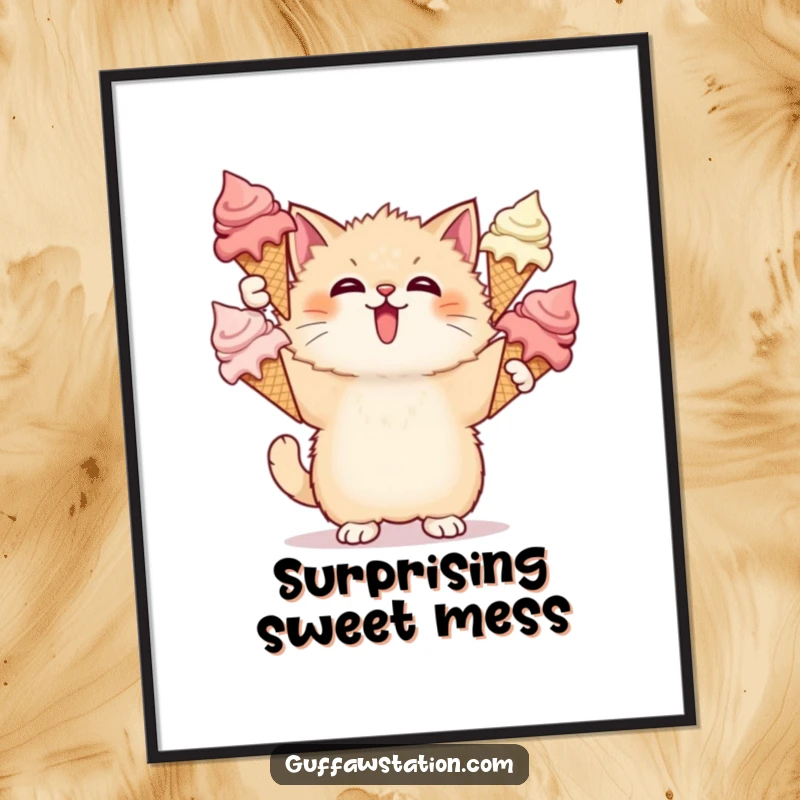 Funny Cat Ice Cream Digital Art Print showcases a surprised cat triumphantly juggling melting ice cream cones, perfect for whimsical decor.