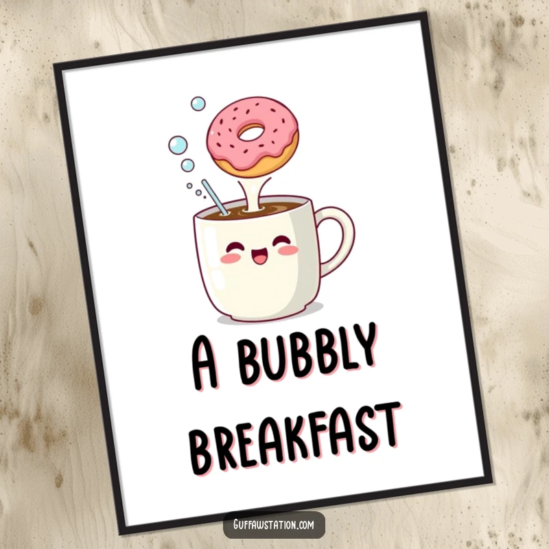 Funny digital art print of a coffee mug enthusiastically belching bubbles at a floating donut, ready to print.