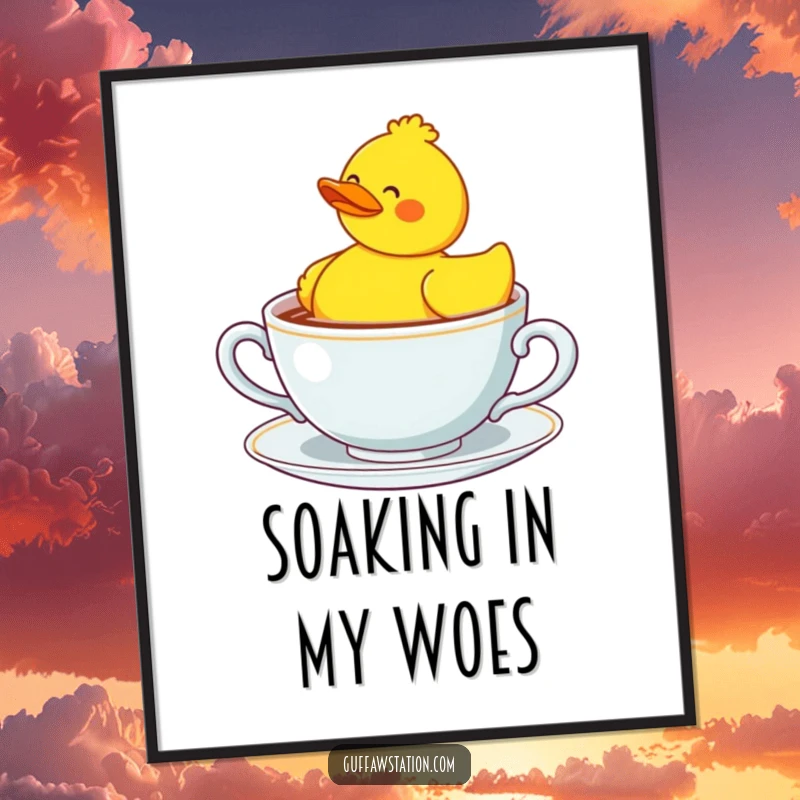Funny confused rubber duck bobbing in a giant teacup, humorous digital art for immediate download.