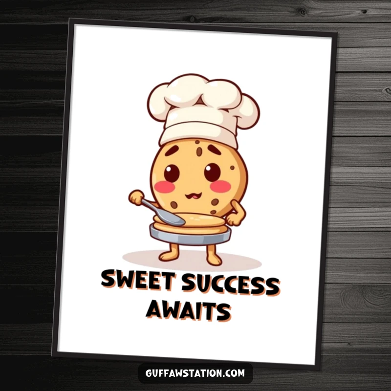 Funny cookie chef wearing a hat, flipping pancakes in mid-air, humorous digital art.