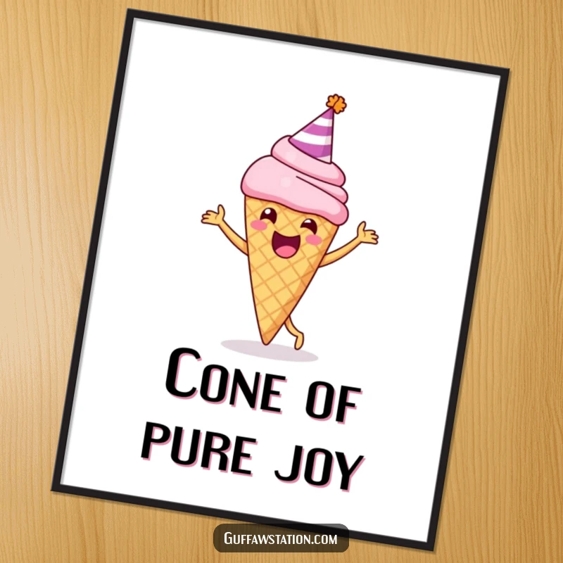 Funny digital art print of a delighted ice cream cone wearing a party hat, joyfully doing a happy dance, embodying festive fun.