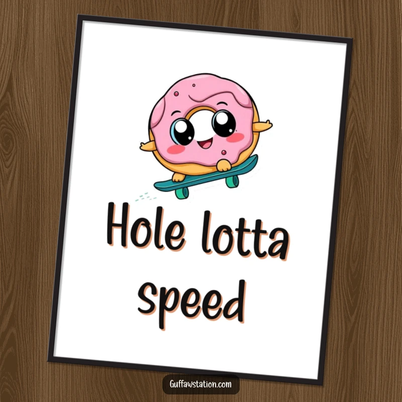 Funny, cheerful donut with big eyes skateboarding downhill, high-resolution digital art print, ideal for humorous wall decor downloads.