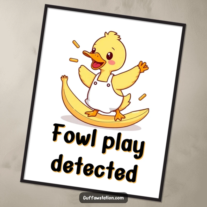 Funny Duck Digital Art: A duck in an apron tripping and flinging fries, perfect for chaotic, funny decor.