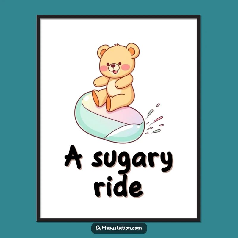 Funny Jelly Bean Surfing Teddy Bear Print - Digital Cartoon Art & Funny Gift