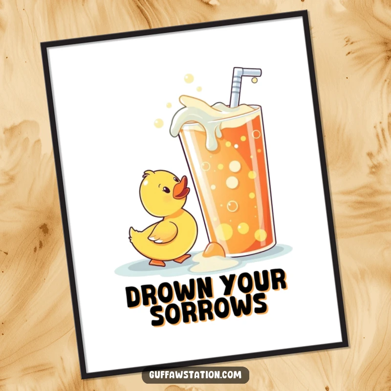 Funny rubber ducky digital art print, comically attempting to sip from a huge overflowing soda, capturing a moment of hilarious thirst.