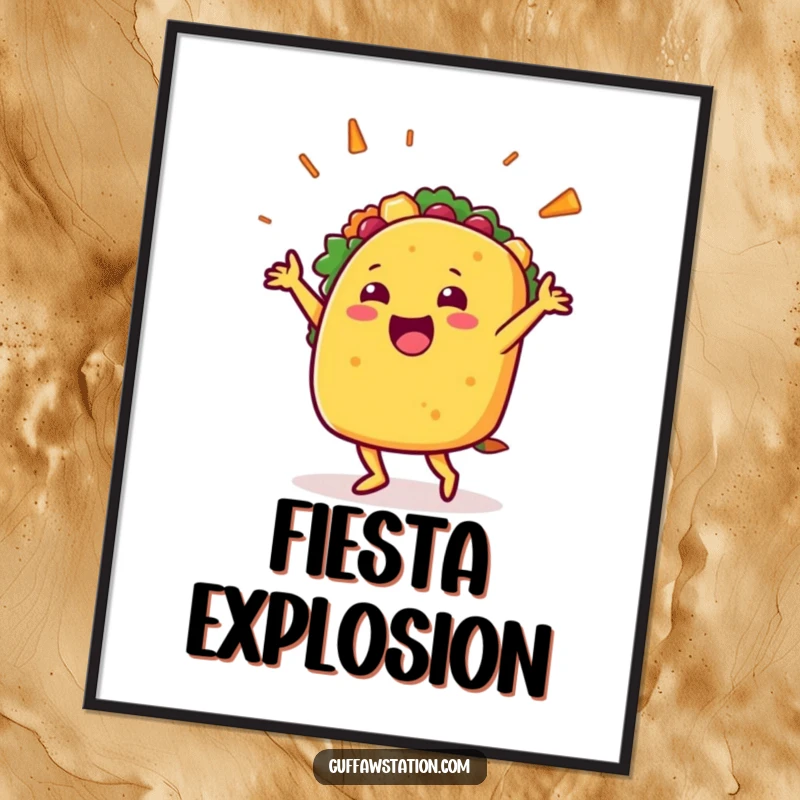 Funny digital art print of a happy taco character dancing with filling flying, ready for instant download and a festive, humorous display.
