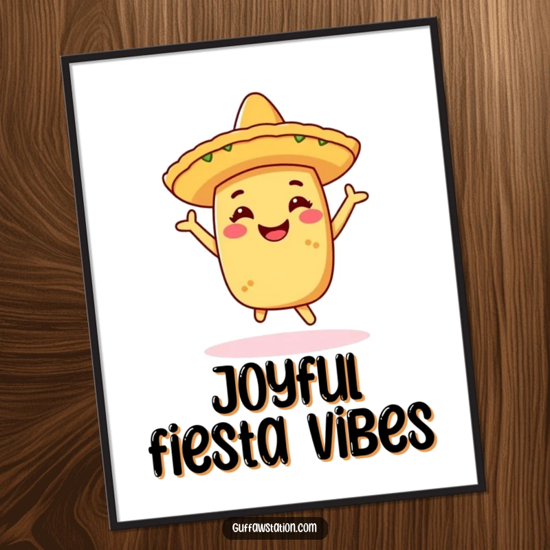 Funny digital art print of a cheerful taco wearing a sombrero, joyfully doing a celebratory dance, capturing a vibrant fiesta mood.