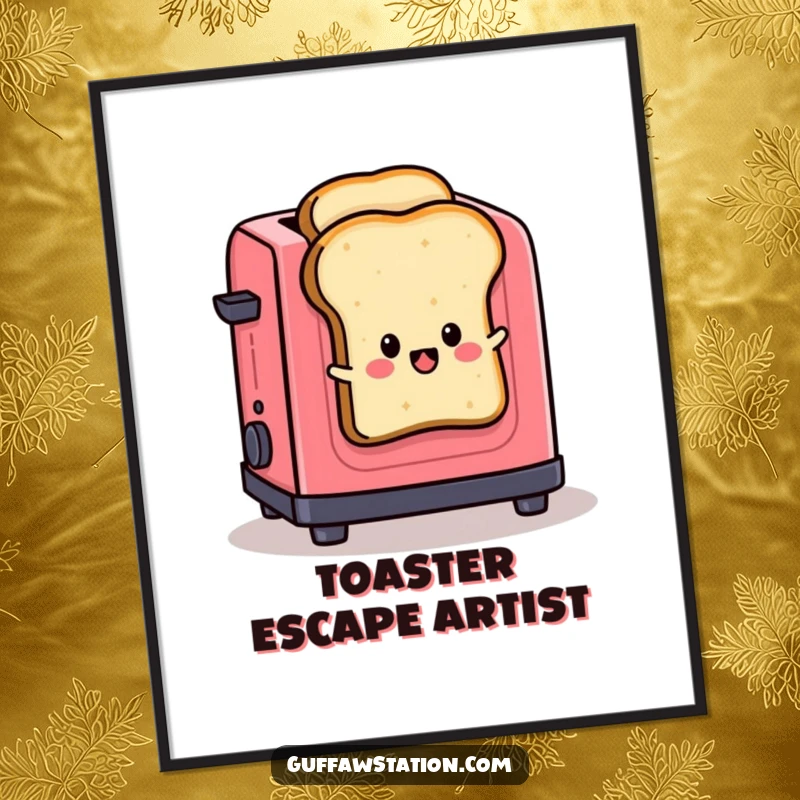 Funny digital art print of a slice of toast dramatically jumping out of a toaster, designed for humorous wall decoration.