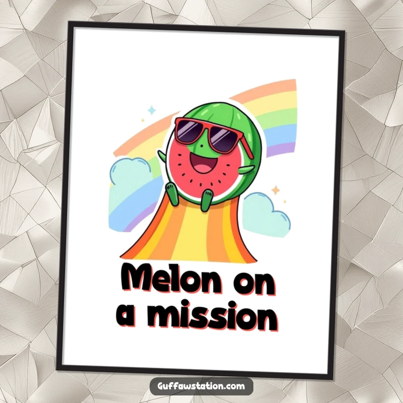 Funny digital art print of a happy watermelon wearing sunglasses, sliding down a vibrant rainbow slide, radiating cool summer energy.