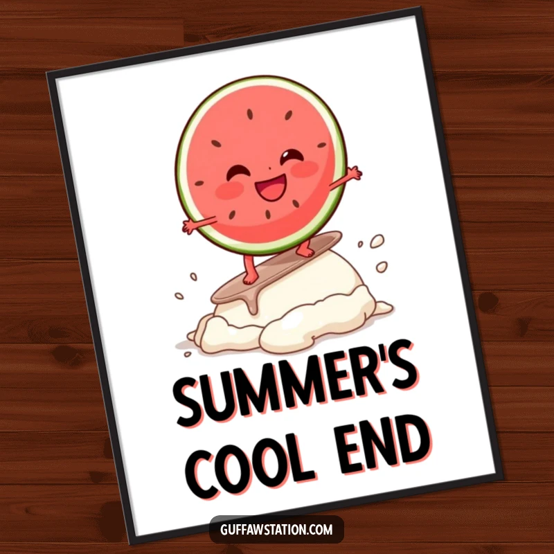 Funny digital art print of a giggling watermelon slice character surfing melting ice cream, ready for instant download and humorous display.