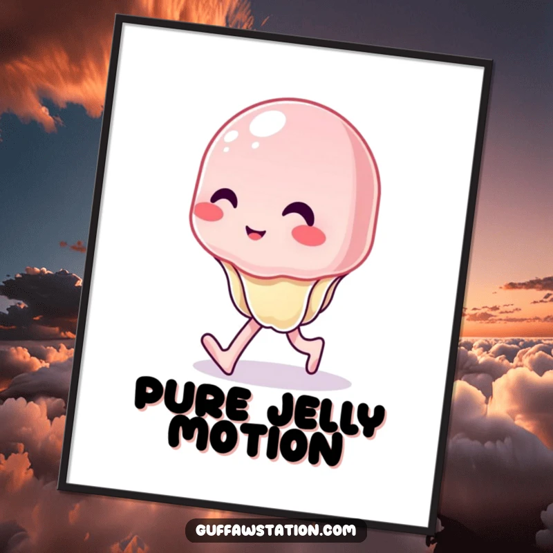 Funny digital art print of a wobbly jelly character trying to walk with a hilariously uncontrolled wiggle, perfect for wall decor.