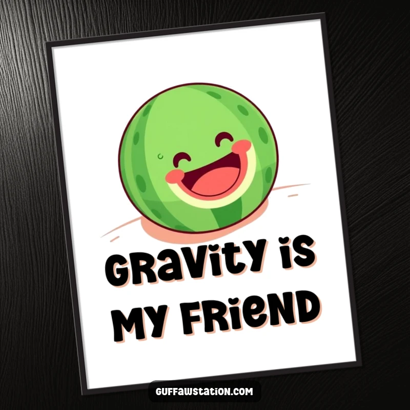 Funny digital art print of a happy watermelon with a big grin rolling downhill, perfect for vibrant summer wall decor.